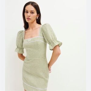 Reformation Evianna Green Gingham Short Sleeve Mini Dress